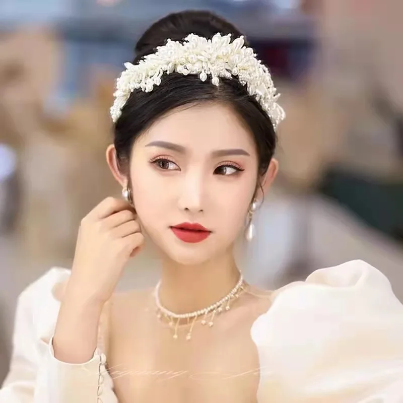 Pearl Handmade Hairband Veil Cloth Headband For Women Prom Party Bridal Wedding Hair Accessories Jewelry Band Headband Tiara