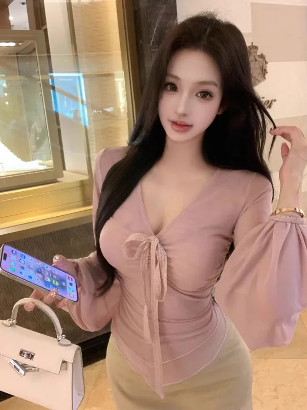 

Pure Desire Spicy Girl Style Lace Knot V-neck Chiffon Top Women's Slim Fit Long Sleeve Autumn New Fashion City Walk