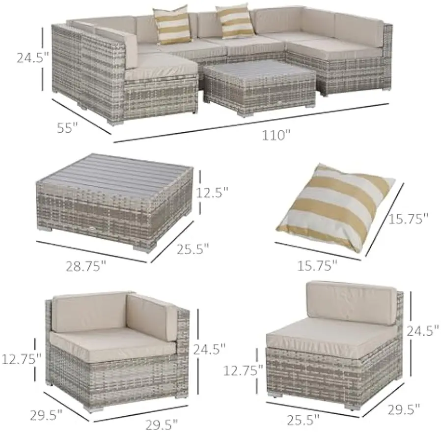 Outdoor Wicker Patio Móveis Set, All Weather PE Rattan Sofá secional Set com almofadas e mesa, 7 pcs