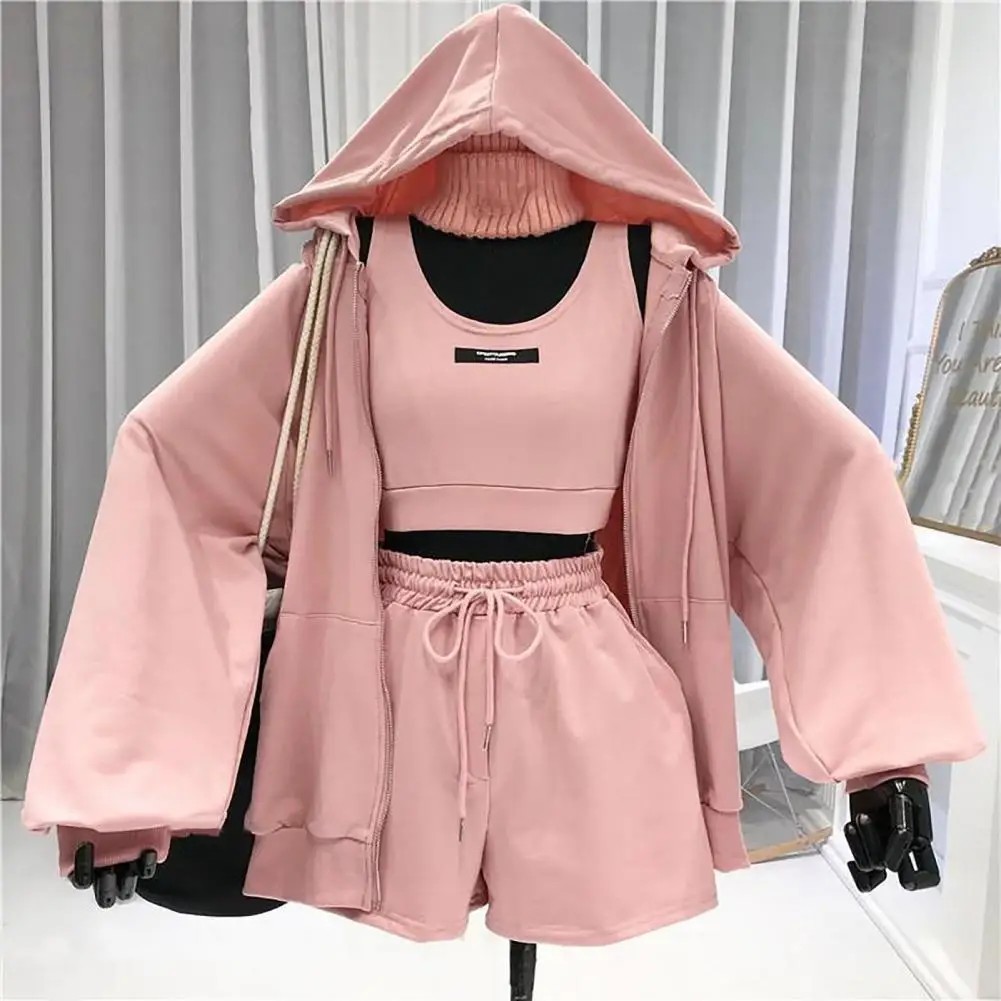 Women Coat Super Soft Sports Jacket Polyester Keep Warm  Simple Three Pieces Drawstring Shorts Vest Thin Coat Set