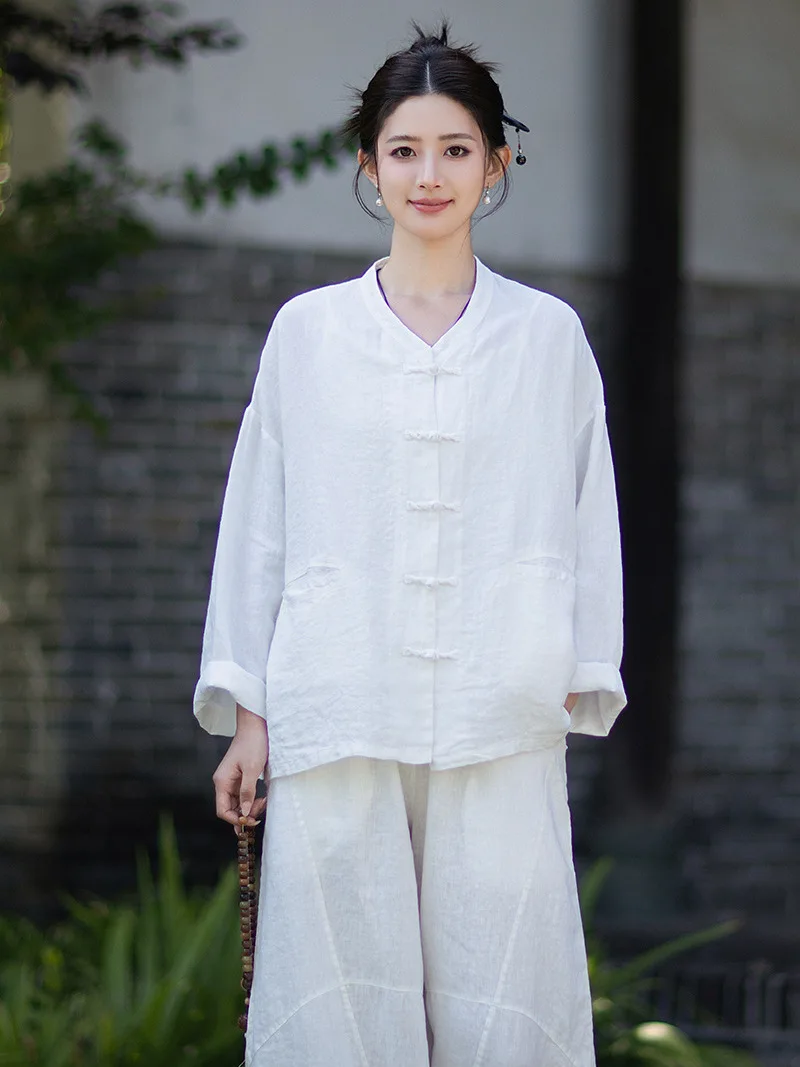 New Chinese Style Linen Jacket Autumn Button up Shirt Women Vintage National Style Open Cardigan Zen Style Tai Chi Clothes