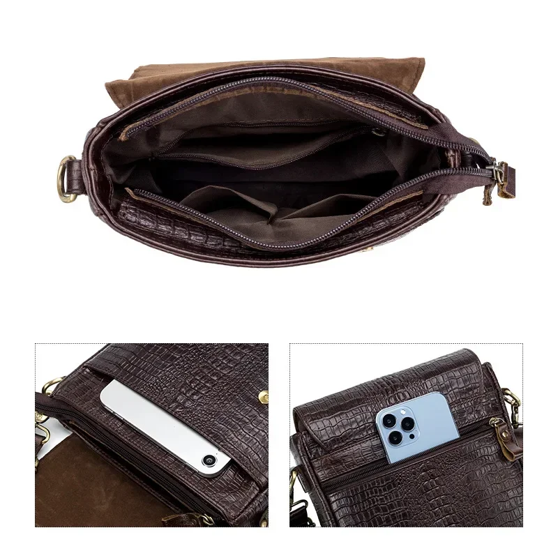 Bolso de mano de piel de cocodrilo para hombre, bolsa de hombro de piel auténtica de vaca 100%, de cuero Natural, cruzado, de lujo, novedad