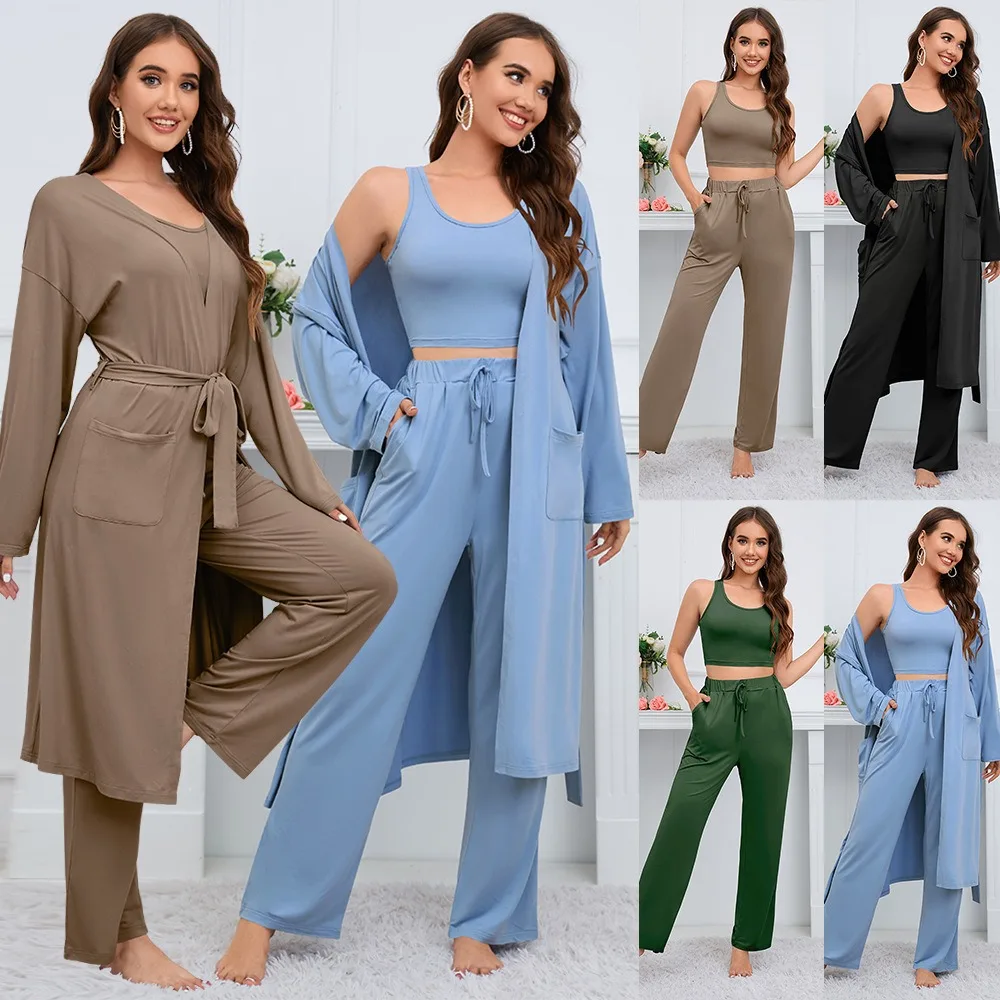 Women's 3pcs/Sets Tank Top Long Sleeve Cape Jacket Wide Leg Pants Casual Suits Fashion Ladies Officewear Summer Autumn Clothing