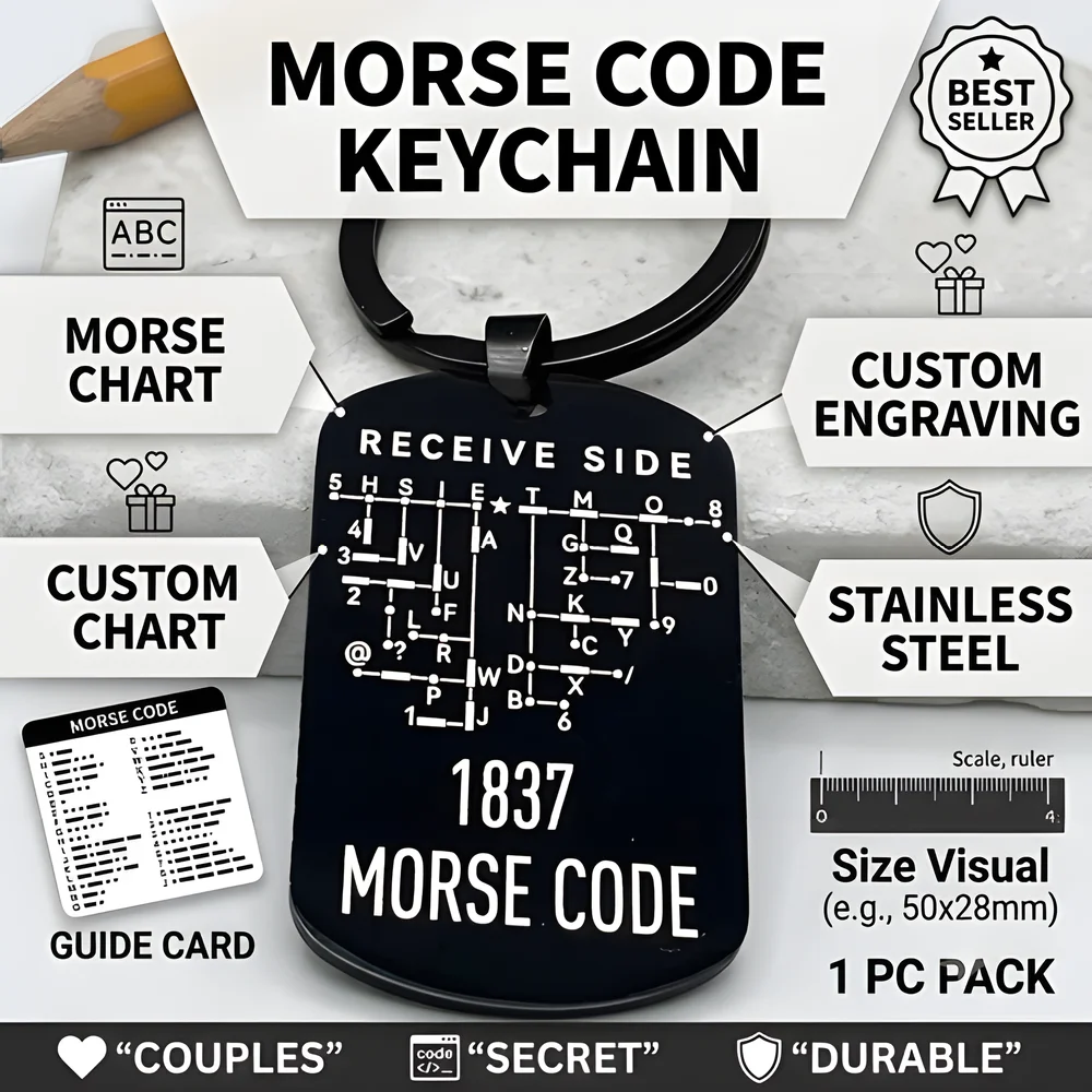 Morse Code Keychain Stainless Steel Engraved Secret Message Plate Keyring For Spy Enthusiasts Custom Couples Gift 1 Piece