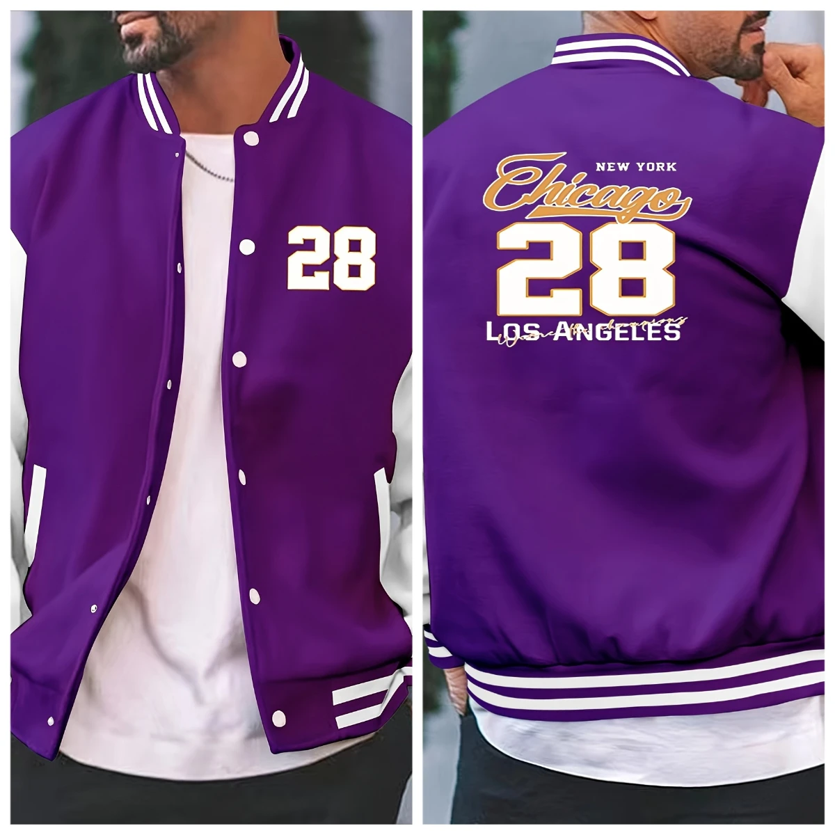 

Men's Classic Baseball Jacket with Eye-catching "28" Letter Long Sleeved Casual and Sports Durable Fabric