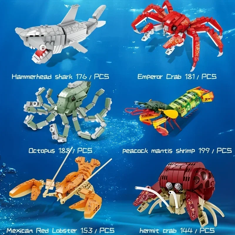 Sea Animal Model King Crab Hammerhead Shark Lobster Building Blocks, Halloween Decoration, Christmas Gift, Educational Toys