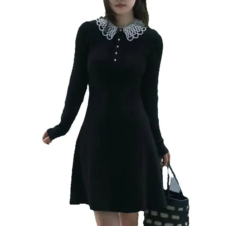 

Spring/Fall Women Pearl Beaded Turn-down Collar Long Sleeve Solid Knit Mini Dress A-Line Slim Elegant Fashon Knitwear Skirt