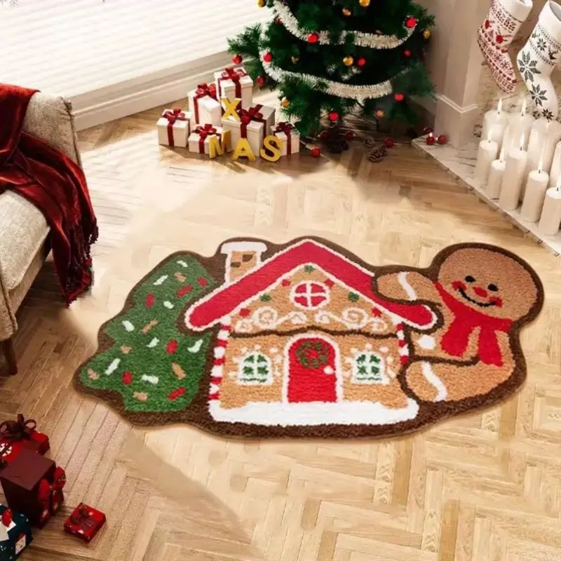VIKAMA Gingerbread Man House Bath Mat Irregular Shape Soft Plush Non Slip Floor Mat For Bathroom Bedroom Holiday Home Decor