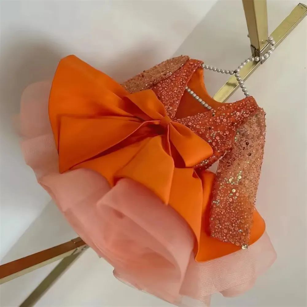 

Luxury Sequined Flower Girl Wedding Dress Full Sleeves with Bow Fluffy Cake Dress for Special Occasion Festival Girl Party Dress