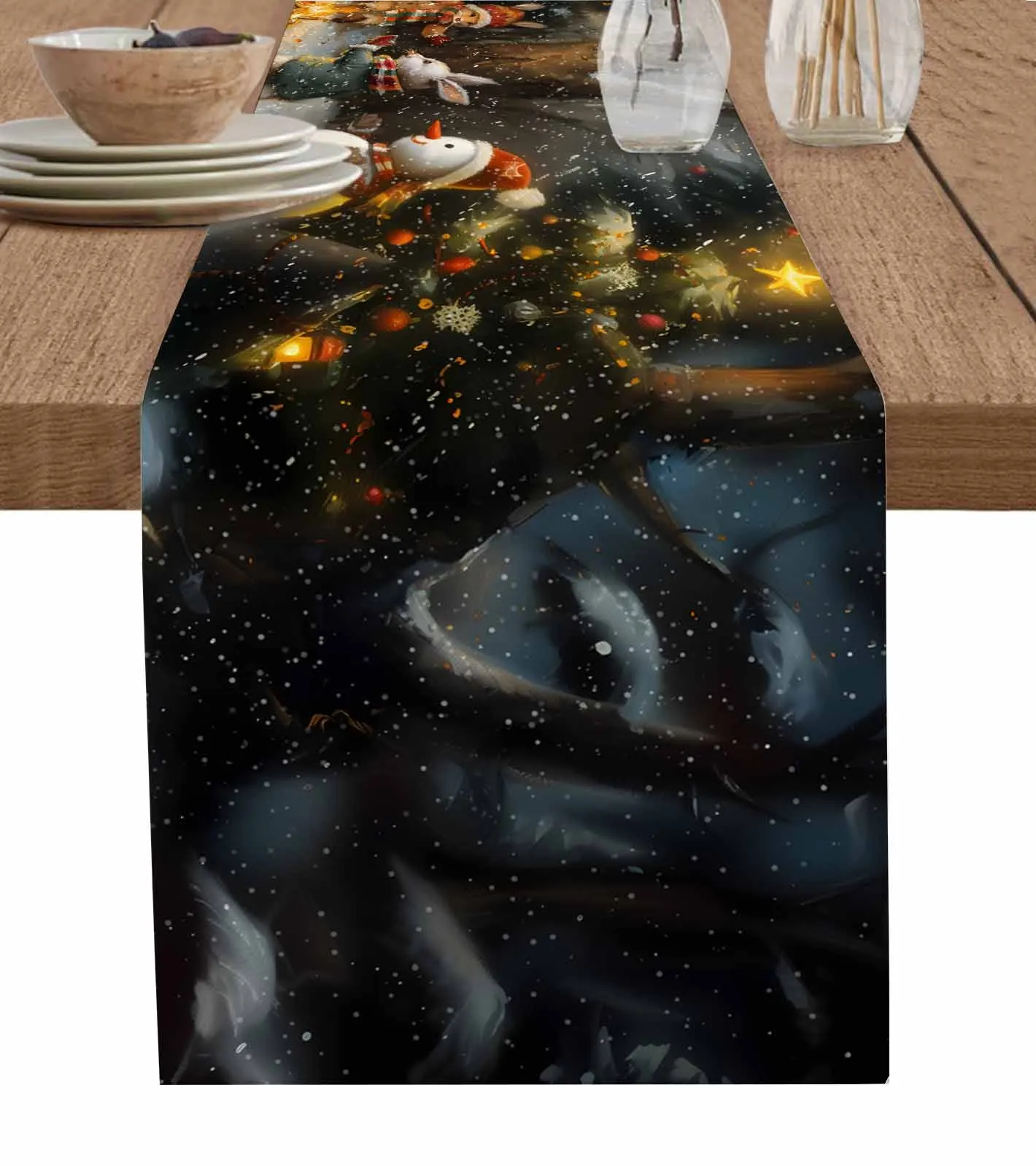 Christmas Tree Colorful Forest Moon Bonfire Animals Runner Table Kitchen Coffee Table Dining Table Fabric Home Party Decoration