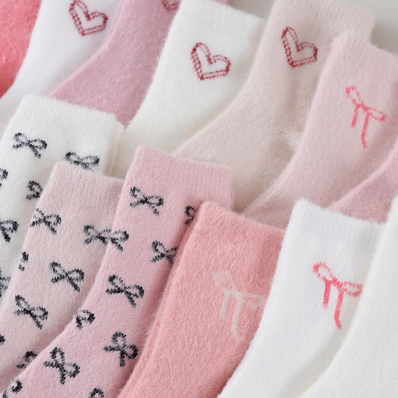 1/5/10/15 Pairs Random Women Winter Sweet Bow Heart Pattern Thick Fleece Lined Warm Cozy Home Floor Maternity Mid‑Calf Socks