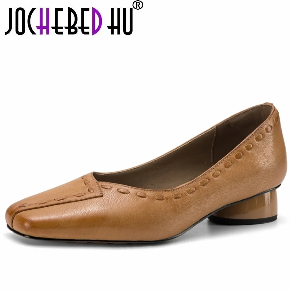 JOCHEBED HUVintage Style Square Head Mid Hells Women's Genuine Leather Chunky Heel Comfortable Versatile Shoes 34-40