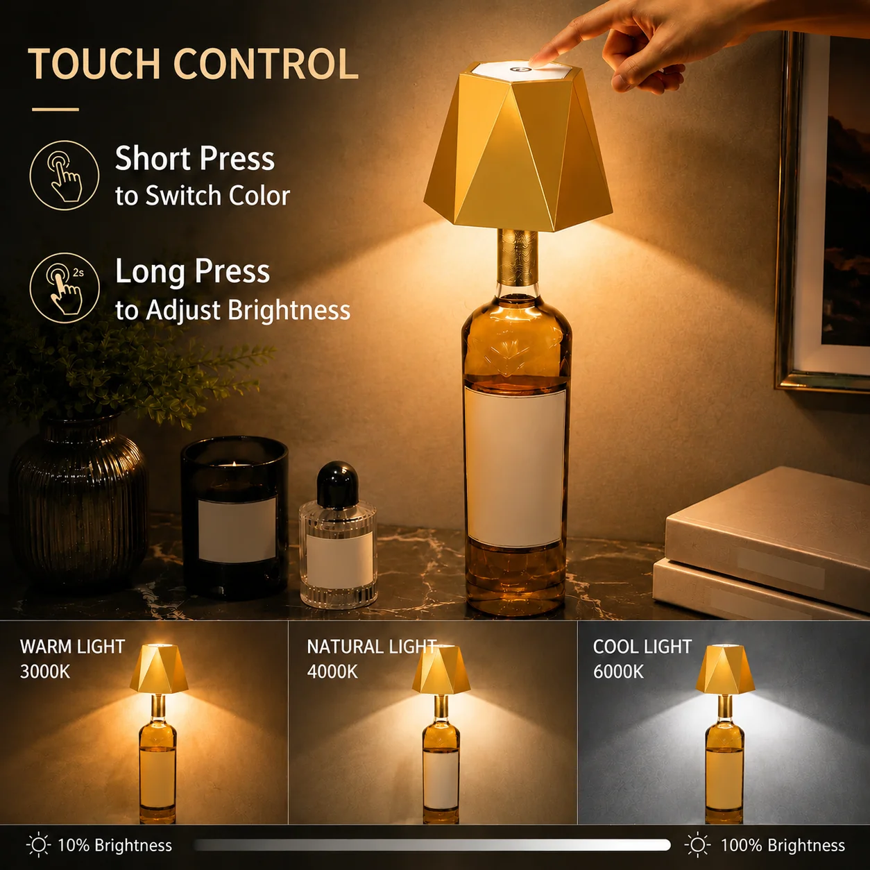LED wireless sensor wine bottle lamp, USB rechargeable, sensitive touch switch, adjustable three-color lighting