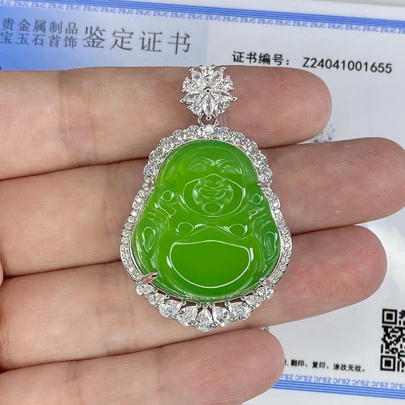 Natural Green Chalcedony Jade Buddha Pendant Female Laughing Buddha Gemstone Agate Necklace Jewelry