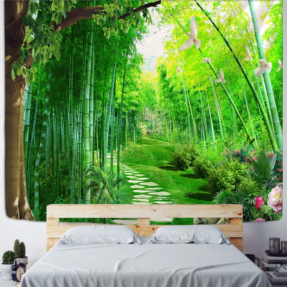 Green Bamboo Forest Nature Tapestry Design Wood Grain Tapestry Forest Wall Hanging Living Room Decoration Home Decor Tree Wall