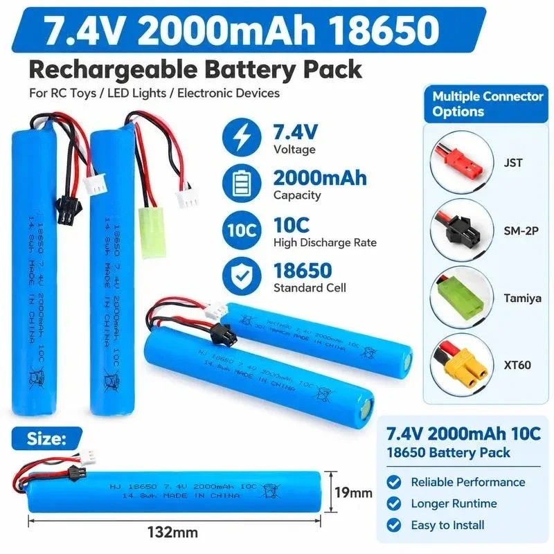 [NEW]  for 18650 Lithium Battery Pack 7.4V 2000mAh High Rate 10C for Electric Toy Soft Bullet Special Core Battery