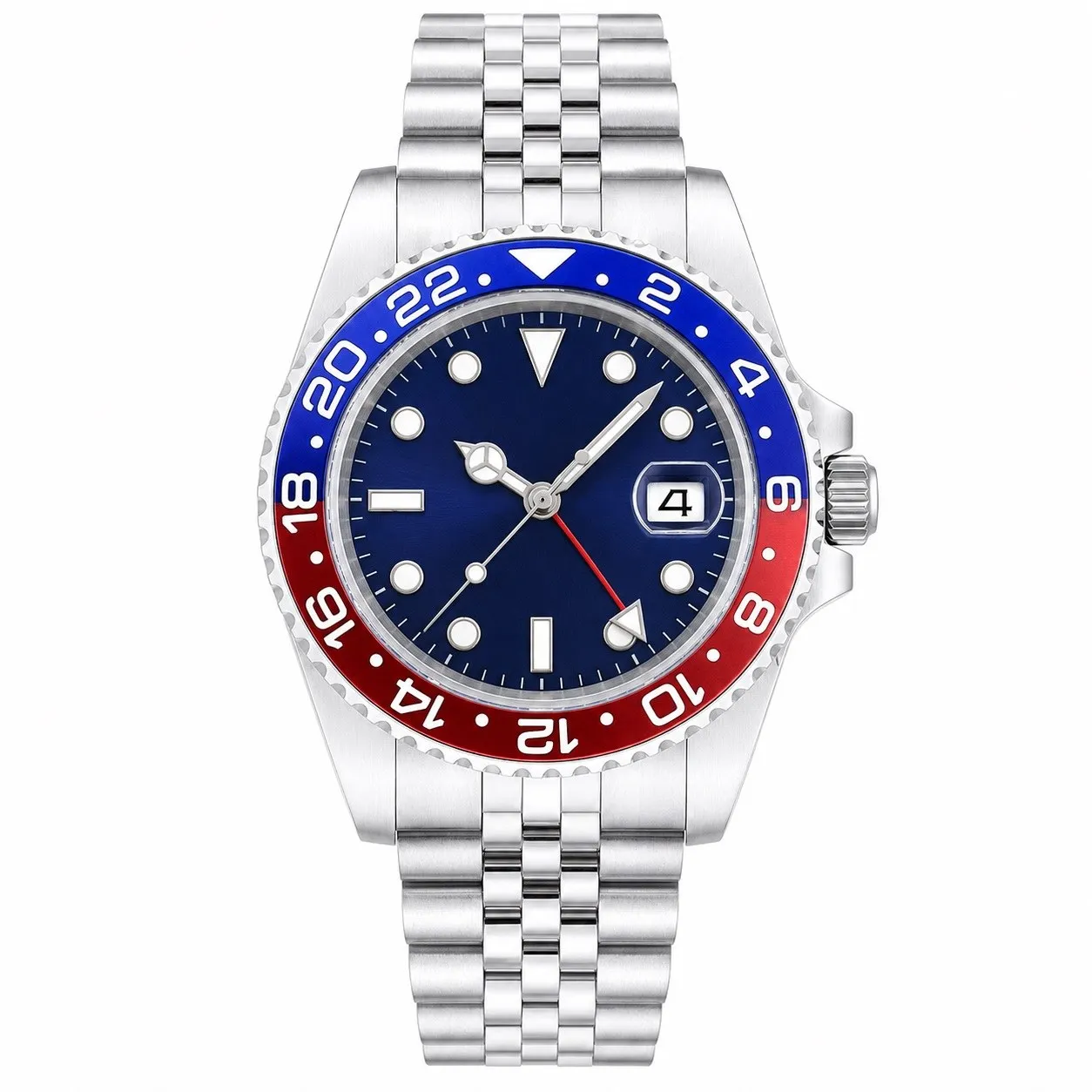 Men's 40mm 904L Stainless Steel Automatic Mechanical GMT Wristwatch Black Blue Ceramic