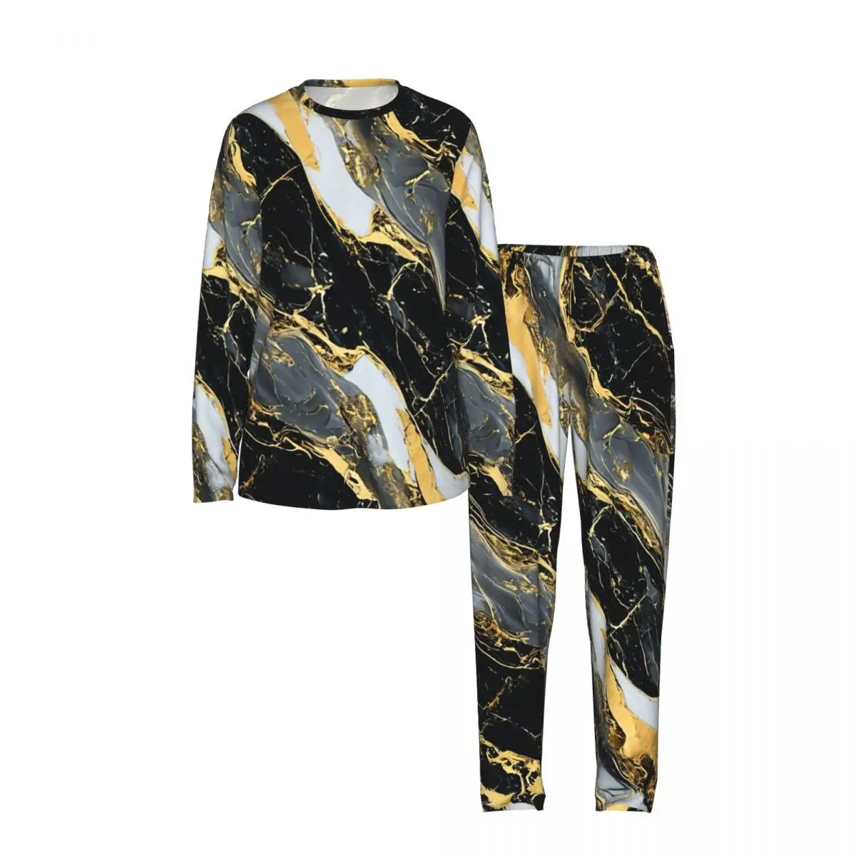 Marble Veins Black And White Golden Round Neck Long Sleeve Nightgowns for Sleeping Sleepshirts Women Loose Pajama Set Long Pants