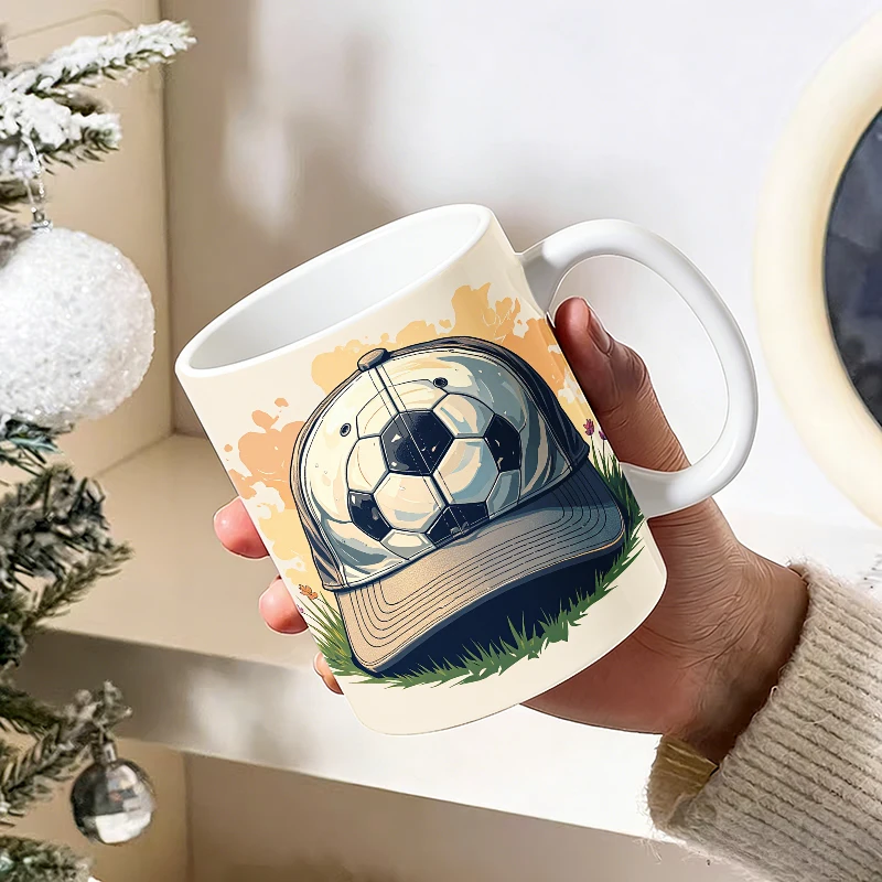 Creative Football Baseball Cap Print Coffee Mug,Sports Soccer Pattern Ceramic Water Cup,11ozSport Style Daily Drinkware For Fans