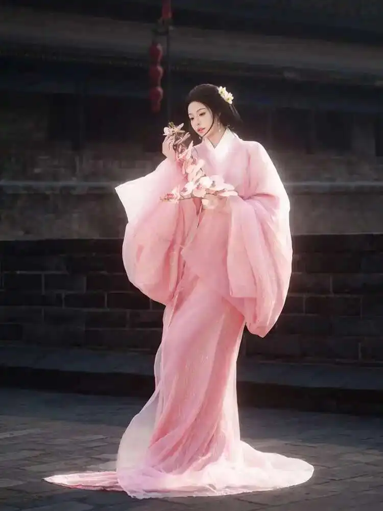 

New[Cherry Blossoms]Spring And Summer Hanfu Warring States Robe Restoration Pink Sweet Lace Daily Immortal Qi Large Volume