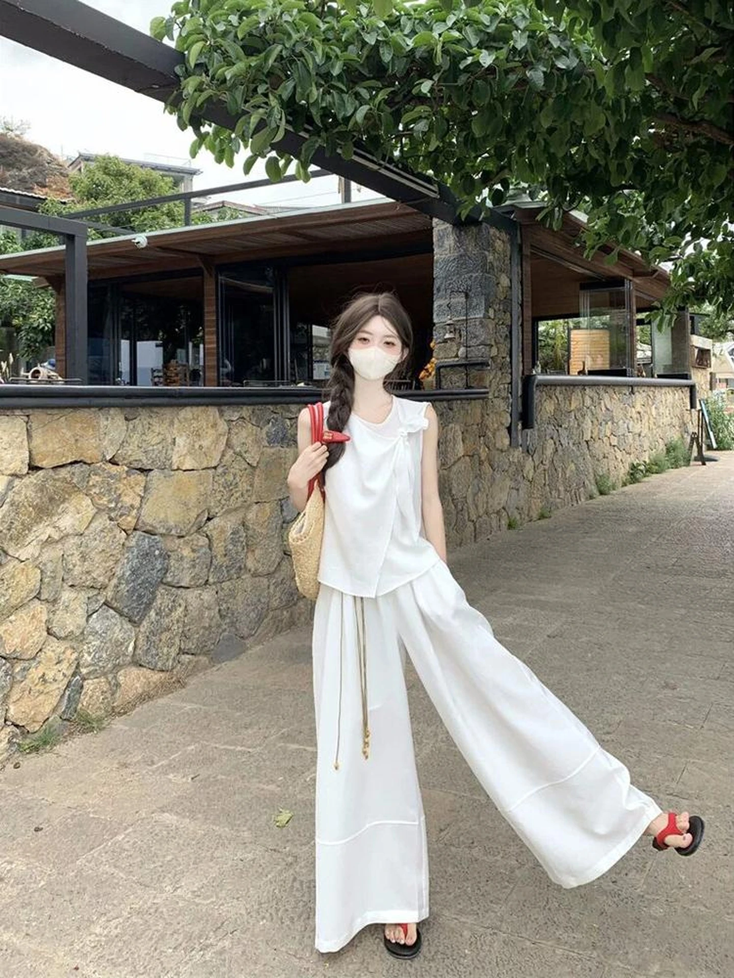 

Summer 2026 Women's Casual Style Knot Loose Tank Top High Waist Wide Leg Pants Set Korean Design Fashion Ensemble