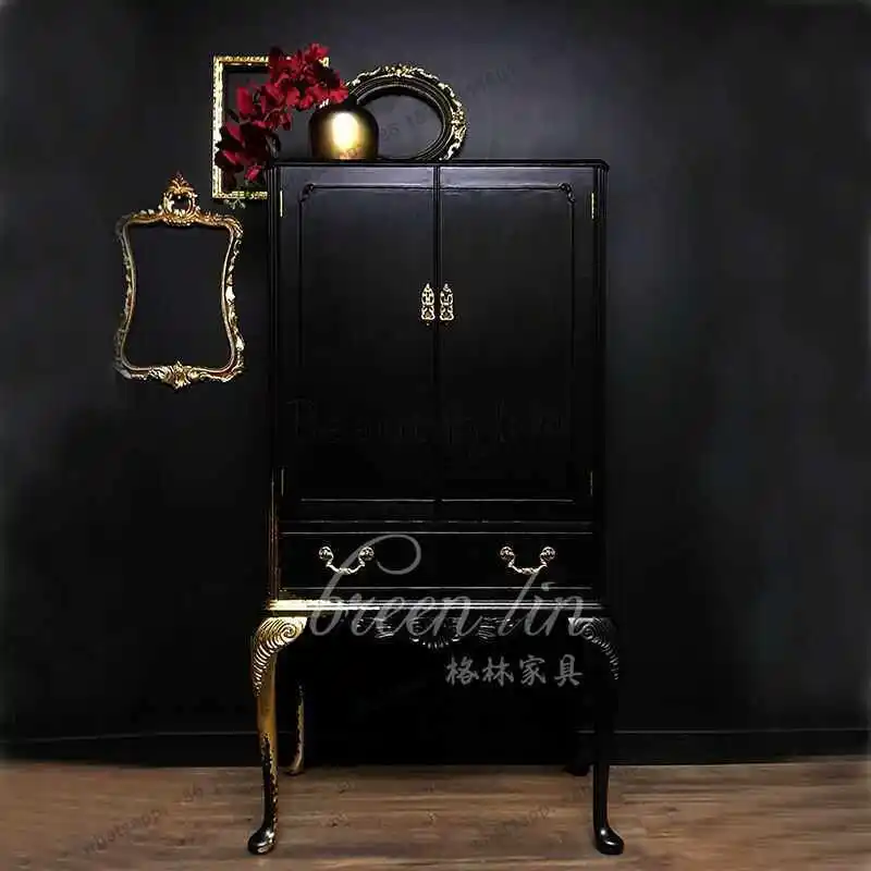 French retro solid wood wardrobe American classical living room relief bedroom storage wardrobe