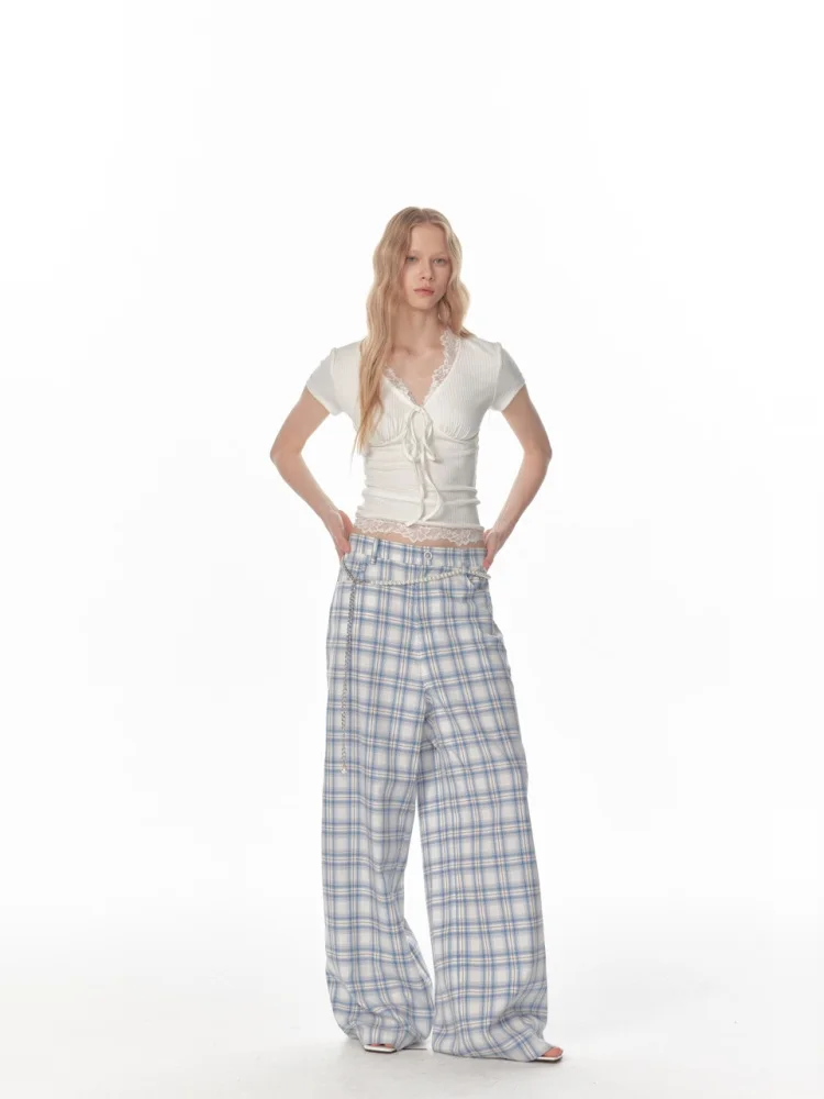 

Женские летние повседневные брюки NinnnD: свободный крой, комфортные, дышащие, в клетку, с высокой талией, широкие штанины, прямой крой, полиэстер