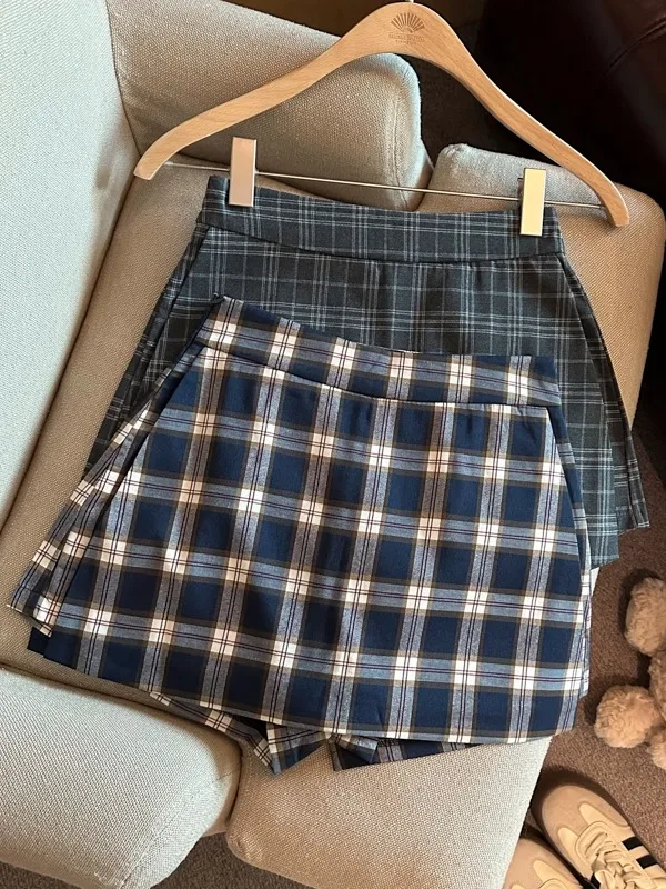 

Ретро-юбка А-силуэта с высокой талией и боковыми разрезами в корейском стиле, клетчатая, утягивающая, для женщин, осенняя, короткая, с защитой от просвечивания