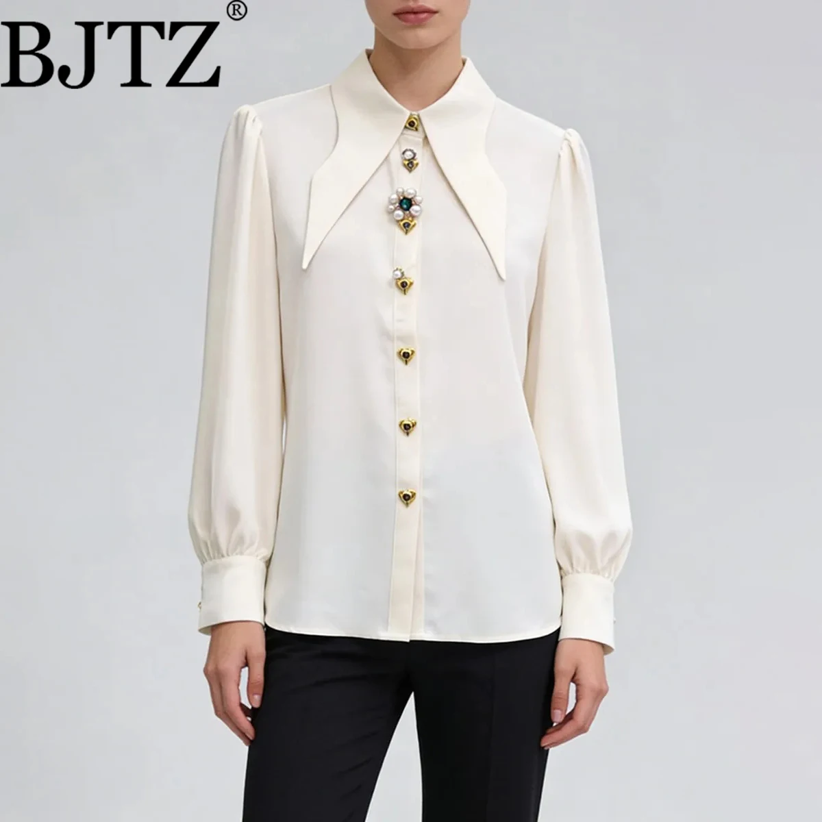 

BJTZ Women's Black Satin Blouse Vintage Jewelry Decor Elegant Office Wear Long Sleeve Top New Style Spring Autumn Fashion