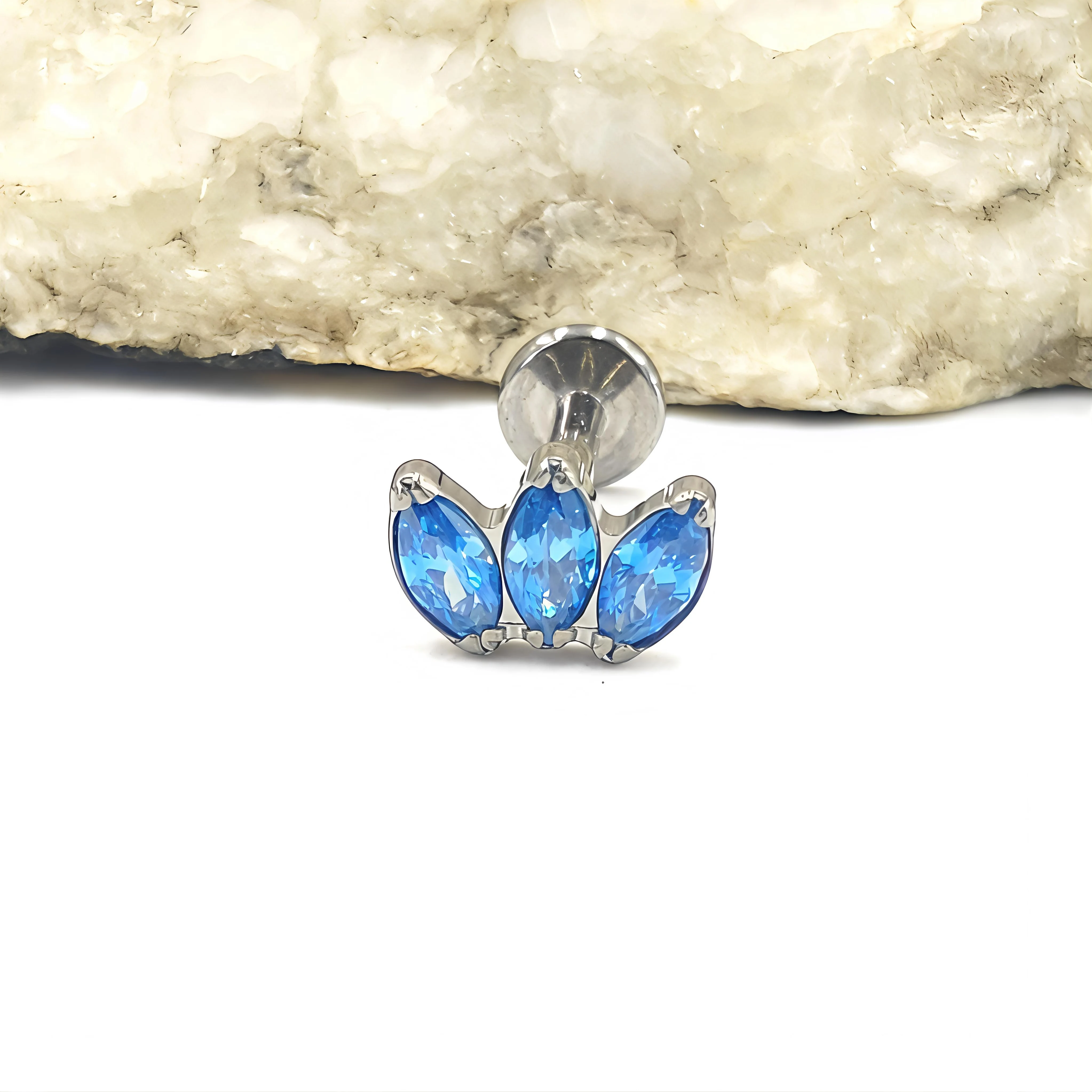16G Implant Grade Titanium Internally Threaded Triple Marquise CZ Crown Stud, Tragus Cartilage Piercing Body Jewelry