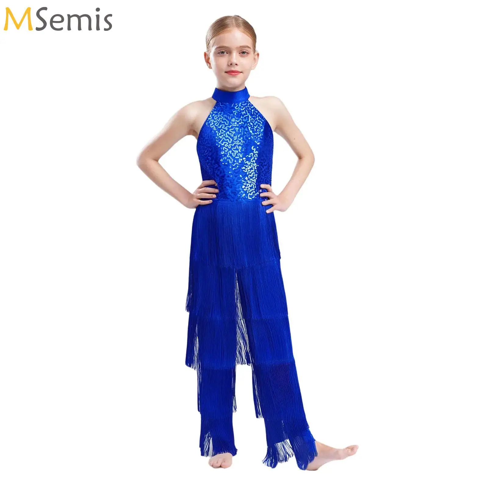 

Sleeveless Jazz Costume Flowy Tassel Rompers Kids Girls Performance Dancewear Fringe Jumpsuit Tango Cha-Cha Samba Dancing Dress