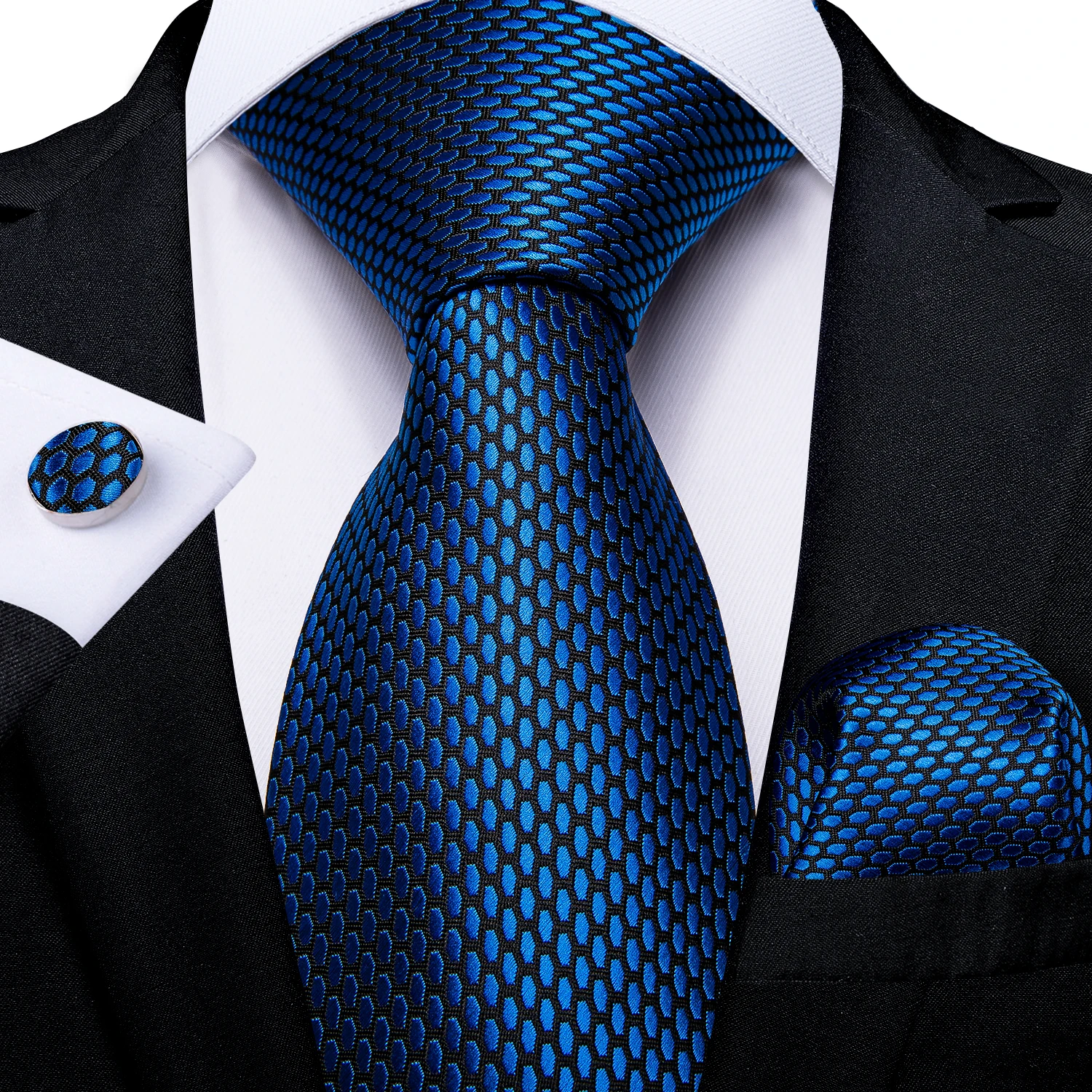 Royal Blue Black Plaid Men's 8cm Silk Tie Set Pocket Square Cufflinks Wedding Accessories Neck Tie With Gold Collar Pin Chain