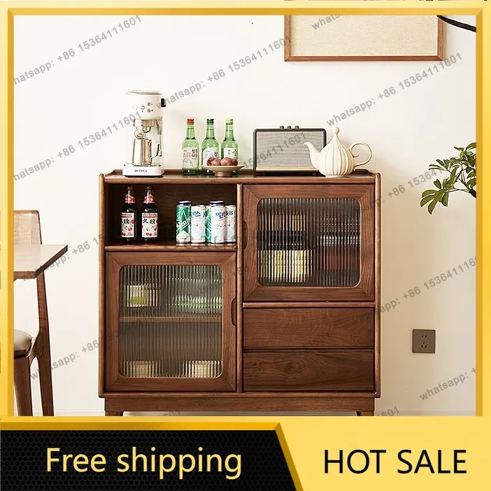 Factory direct sales Japanese solid wood dining side cabinet black walnut storage small apartment