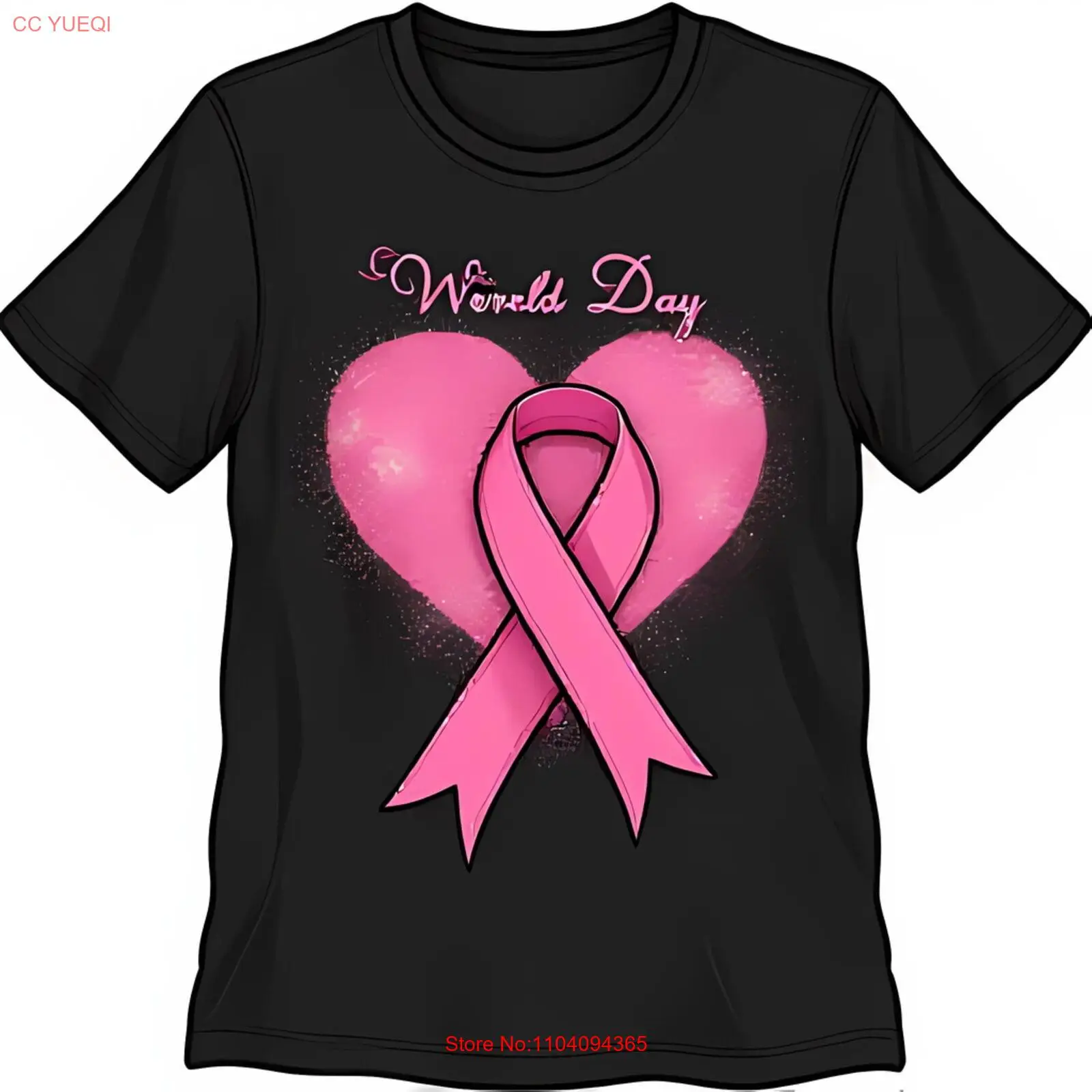 

Черная футболка с розовой лентой и принтом в виде сердца World Day Cursive