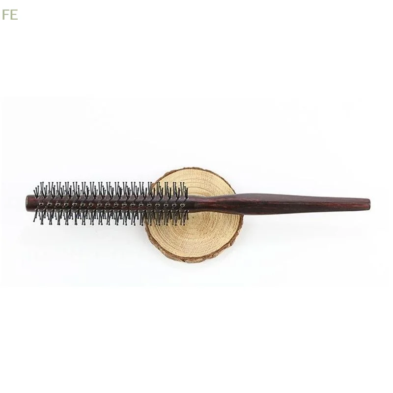 [FE] Curly Hair Styling Roller Comb Mini Round Nylon Hair Brush With Wooden Handle For Thin Or Short Hair Men  Women Use