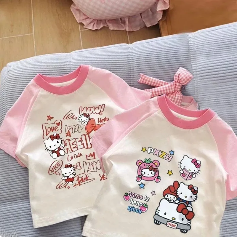 

Hello Kitty Anime Kawaii Sanrio Short Sleeve Pure Cotton Short Sleeved Shirt Cute KT Cat Cartoon Baby Clothes Gifts Toys