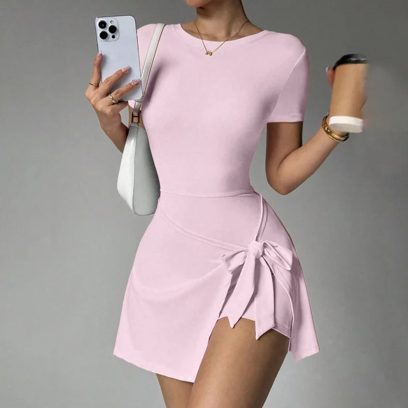 

Sport Tennis Dress Woman with Shorts Slim Fit Casual Fitness Badminton Clothing Golf Wear Open Back Black Purple Yellow