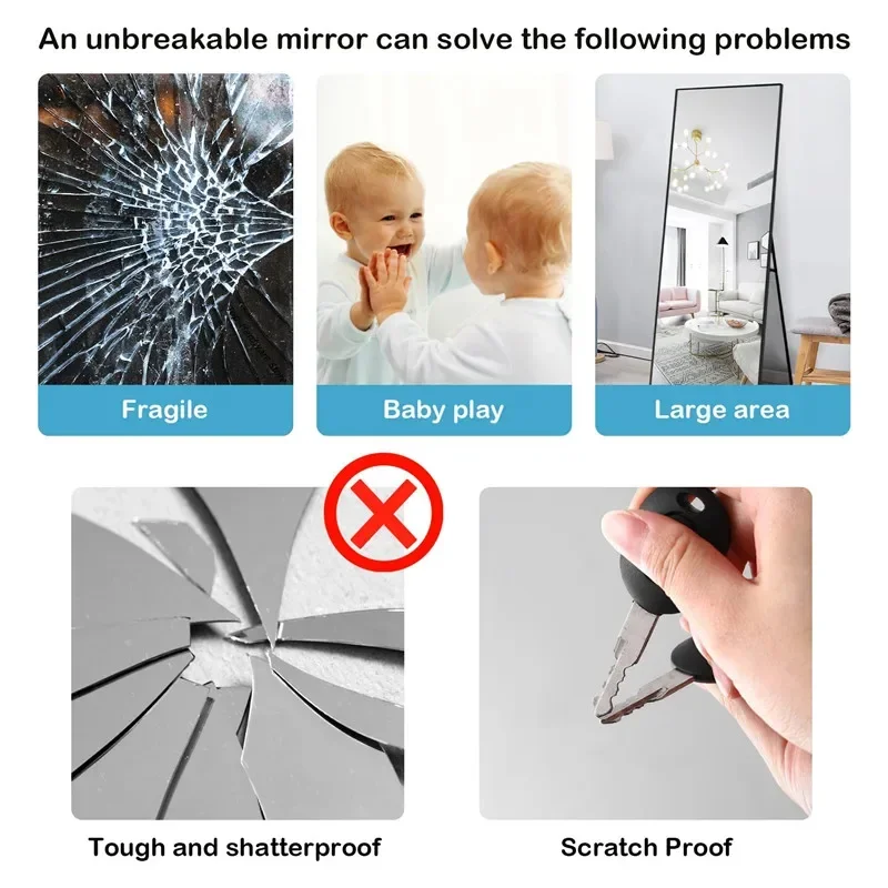 HD Anti Fog Wall Mirror Sticker DIY Full Length Mirror Tiles Self Adhesive Shatterproof Non Glass Safety Mirror Sheets 2MM Thick