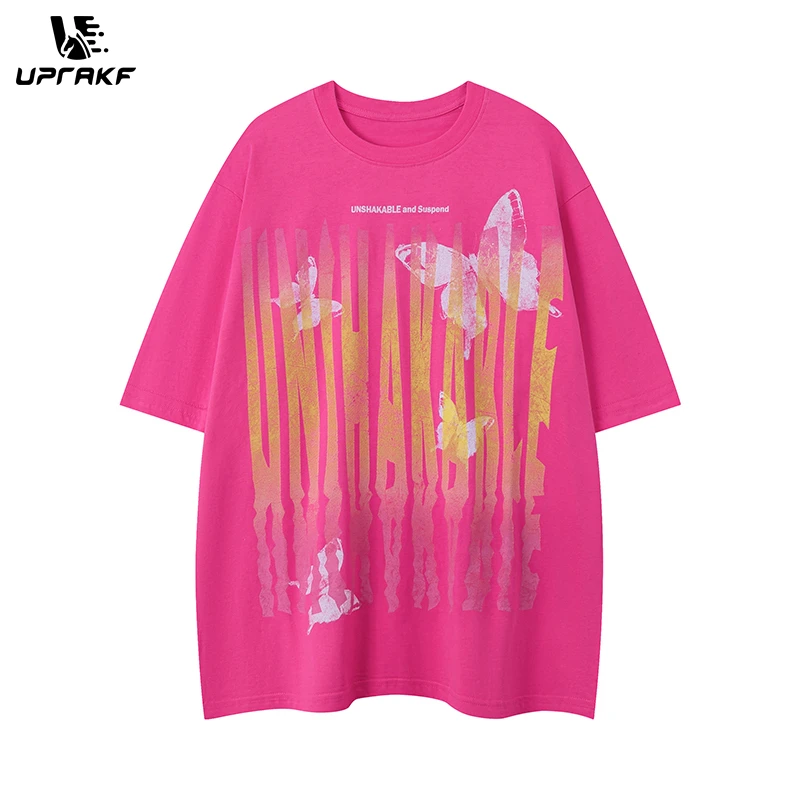 

UPRAKF Streetwear T Shirts Trendy Crew Neck Butterfly Pattern Oversize Cotton Short Sleeve High Quality Casual Tee Summer