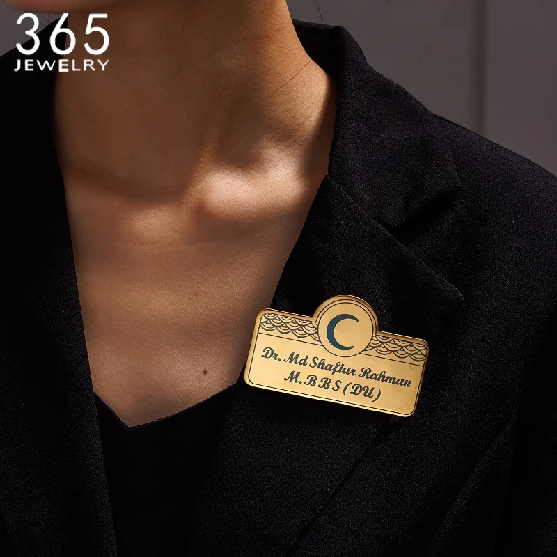 

365 Personalized Black Engraving Brooch Stainless Steel Custom Text Nameplate For Men Women Occupational Identification Brooches
