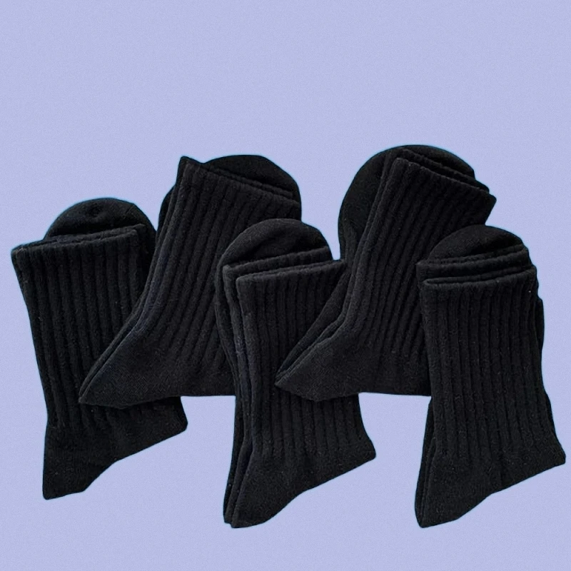 Calcetines cálidos de alta calidad para hombre, medias deportivas de Color sólido, transpirables, de tubo medio largo, informales, en blanco y negro, para otoño e invierno, 5 pares