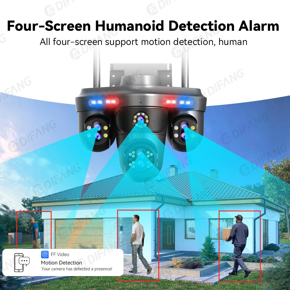 DIFANG 35MP Seven Len WiFi Telecamera esterna Zoom 10X CCTV Telecamera di sorveglianza wireless a quattro schermi Telecamera di sicurezza WiFi con tracciamento automatico