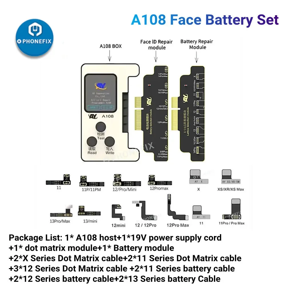 Ay กล่อง A108โปรแกรม ID หน้าสำหรับ iPhone X-15ProMax โปรเจคเตอร์ Dot Matrix อ่านเขียนโทนสีจริงแก้ไขข้อมูลสุขภาพแบตเตอรี่