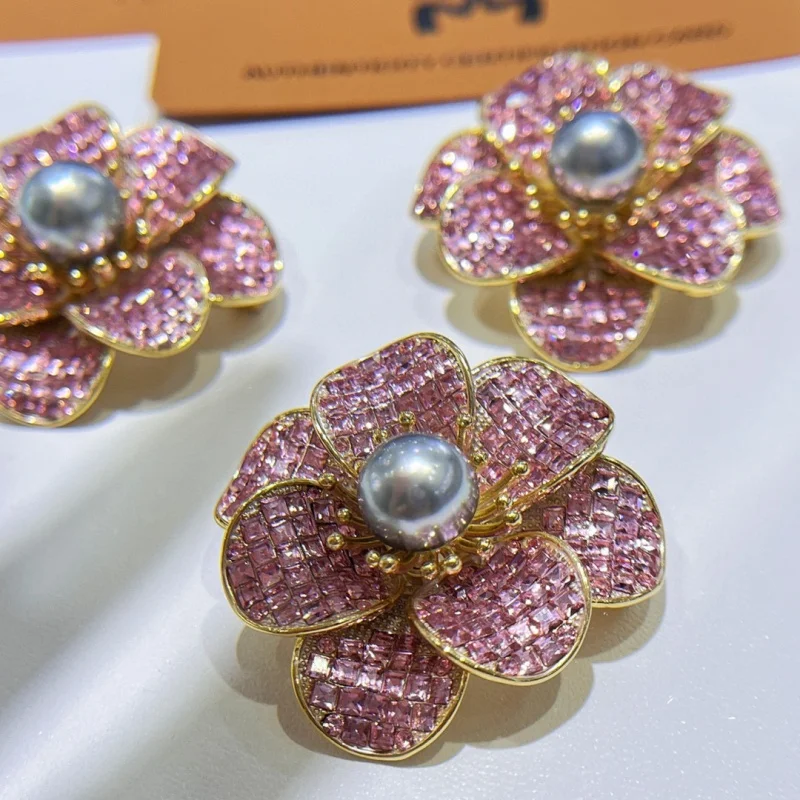 

SGARIT Alloy Dream Pink Zirconia Flower Brooches Tahitian Platinum Gray Pearl Pin 925 Sterling Silver Women's Brooch