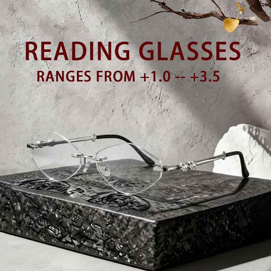 Fashionable frameless high-definition reading glasses, women's metal dot diamond glasses, with a degree range of+1.0 to+4.0 degr