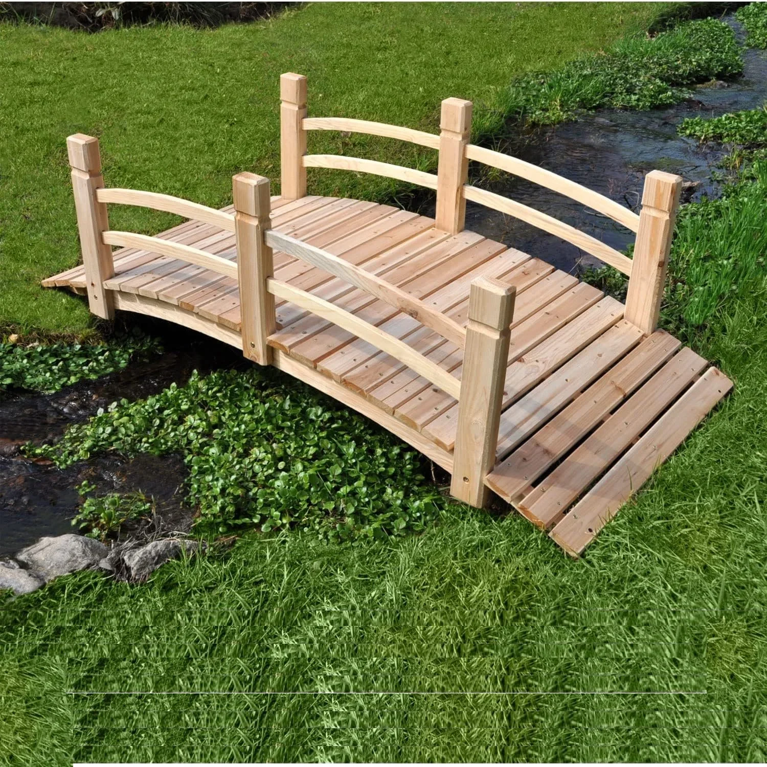 Garden Bridge, Classic Wooden Arch with Safety Rails Stained Finished Footbridge, Decorative Pond Landscaping, Backyard