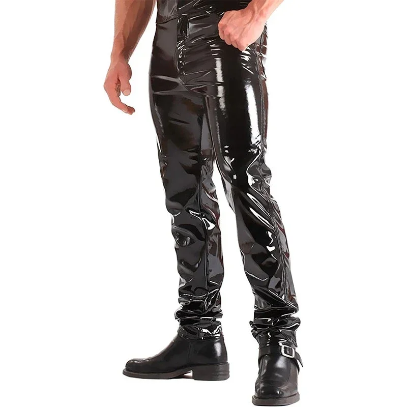 

Men's Shiny Faux Leather Pants Mid Waist Slim Trousers With Pocket Man Wet Look Stretch PU Leather Bodycon Pants Support Custom
