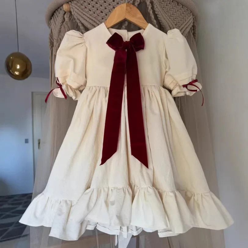 2026 Russian Girls Spring and Summer Cotton and Linen Bow Bubble Sleeves Princess French Temperament Dress