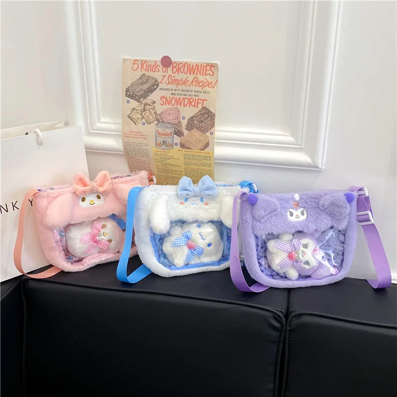 

Kawaii Sanrio Plush Bags Cinnamoroll Melody Kuromi Crossbody Bag Cartoon Transparent Plushie Handbag Hello Kitty Stuffed Backpac