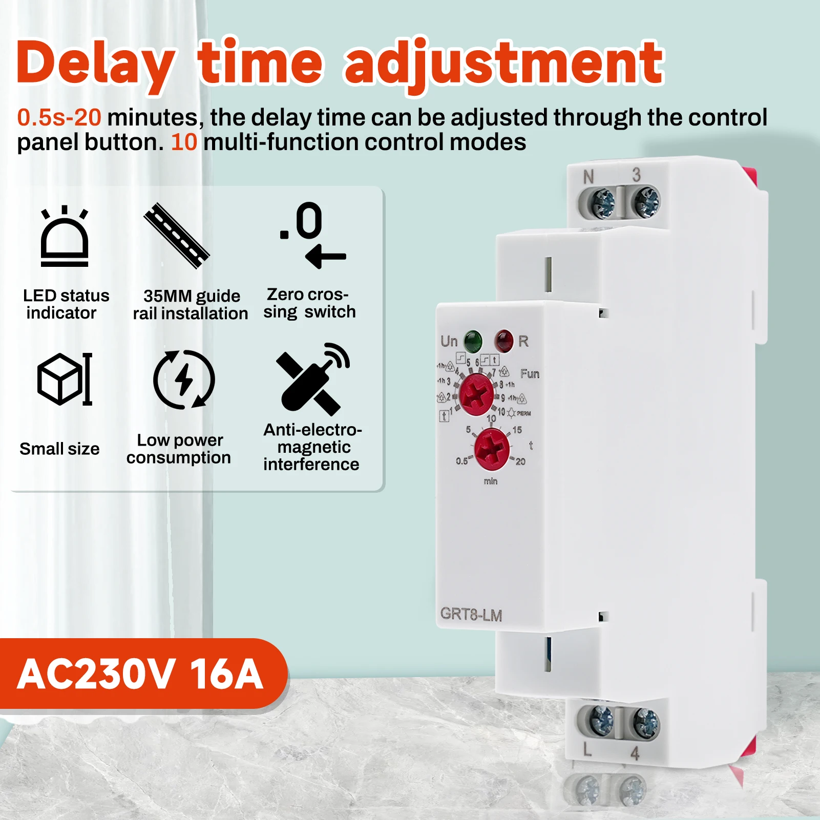 

GRT8-LM Staircase Timer Switch 230VAC 16A 0.5-20mins Delay Off Relay Corridor Light Switch Corridor Lighting Timer Switch
